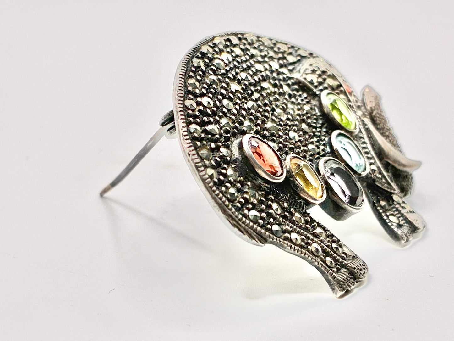 Sterling Silver Marcasite Elephant Brooch Pin – Multi Stone Statement – 925 Silver