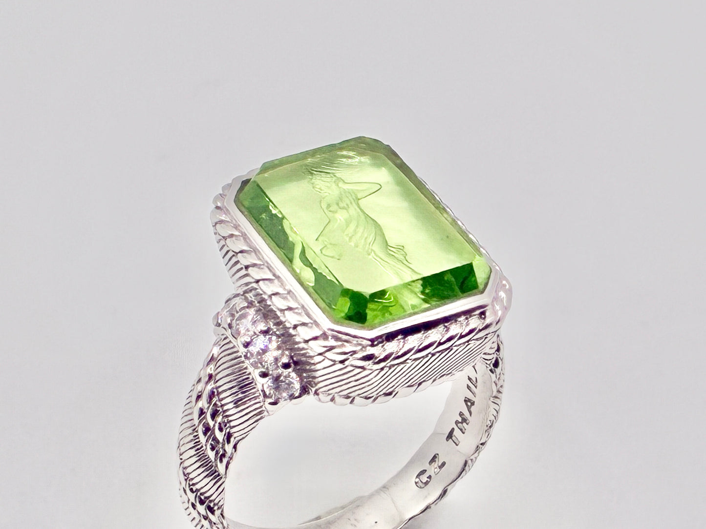 Judith Ripka 925 Greek Goddess Intaglio Ring — Peridot-Green Crystal — Size 7