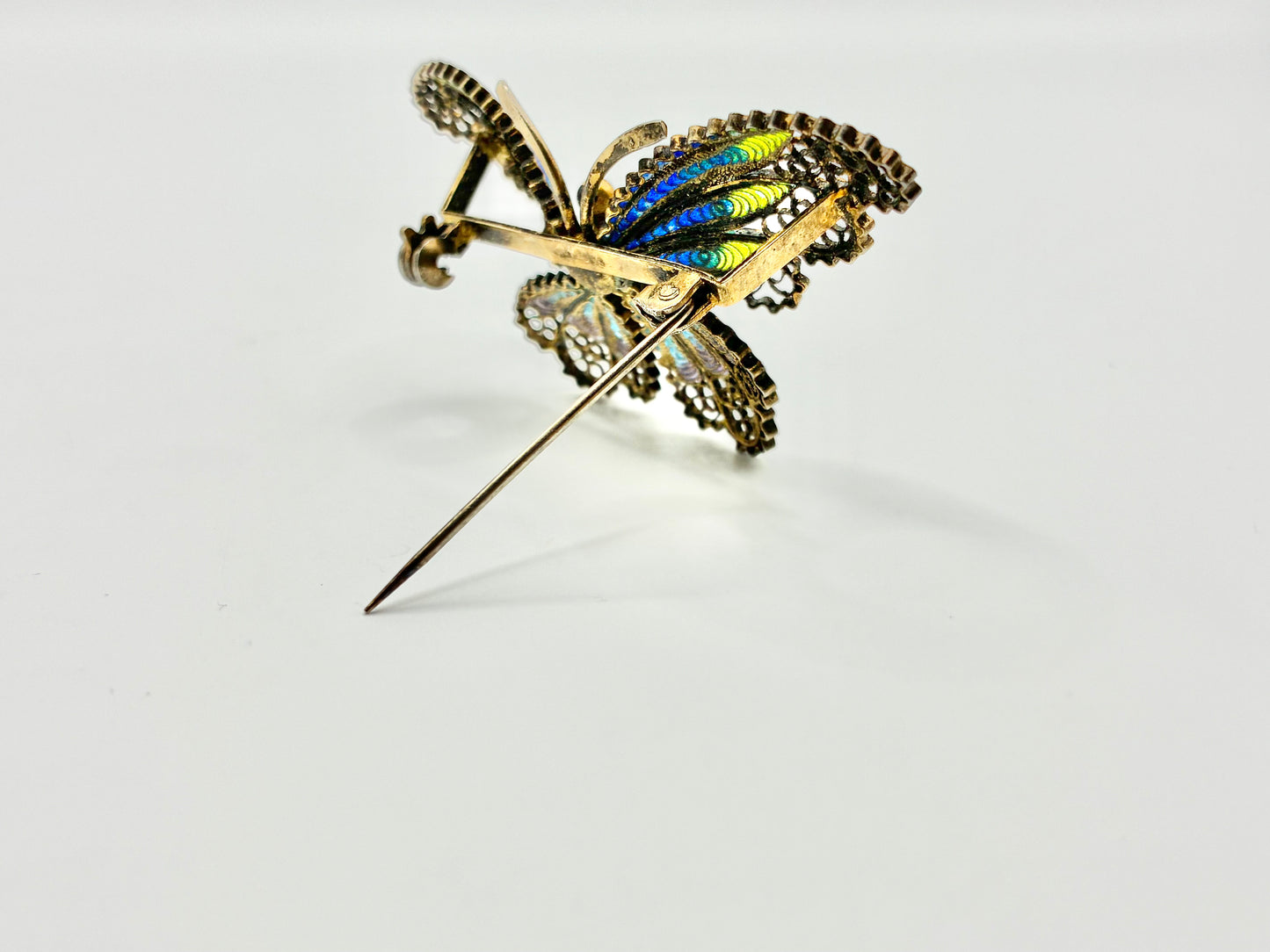 800 Silver Enamel Butterfly Brooch Filigree European Antique Style Blue Green