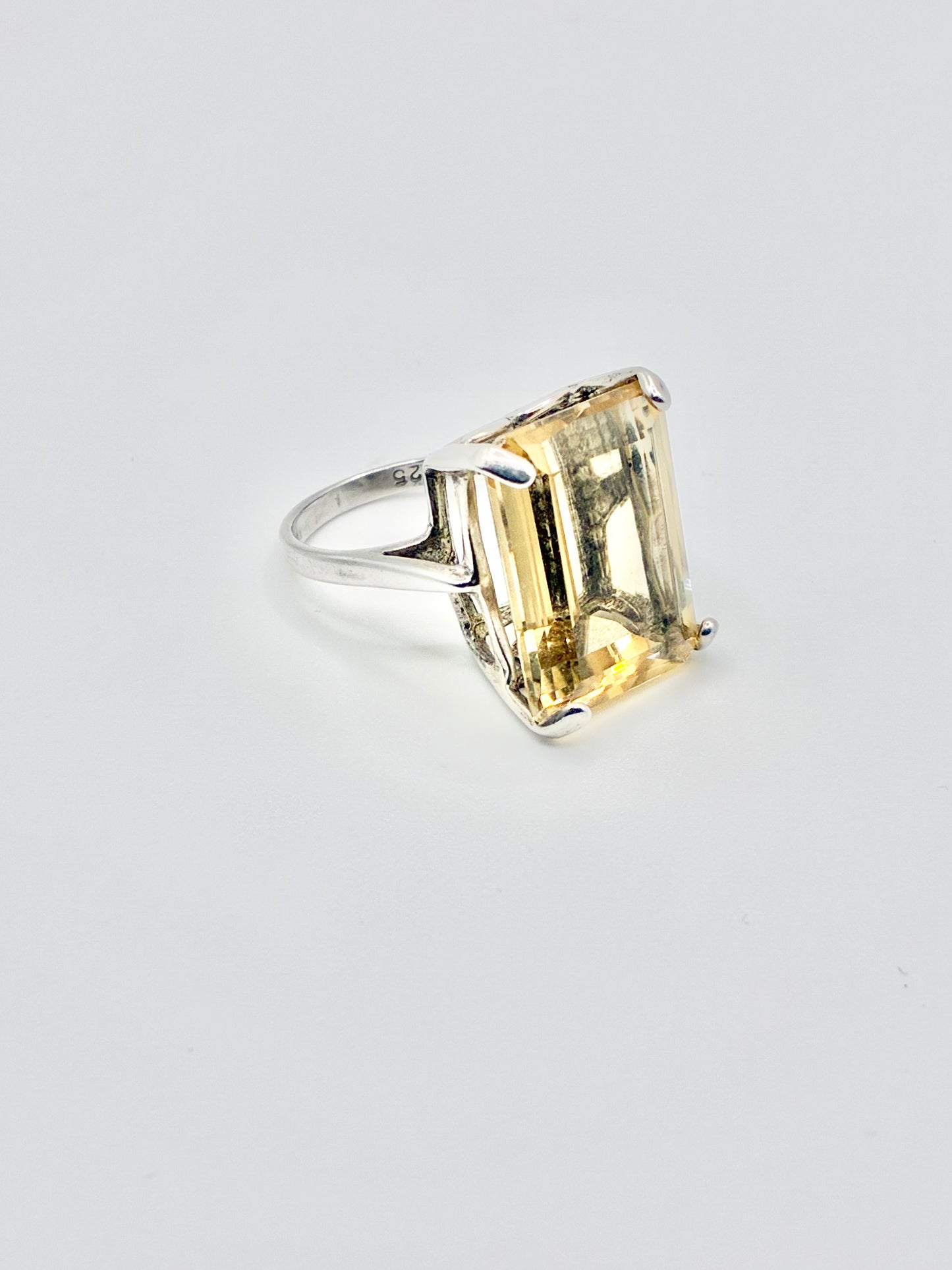 Large Emerald Cut Yellow Stone Sterling Silver Ring - Size 6