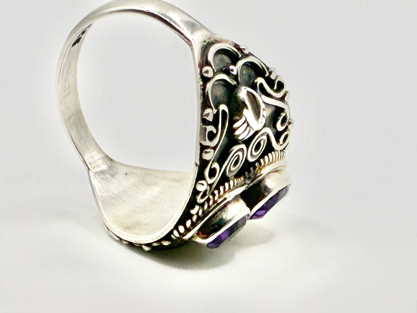 Sterling Silver Amethyst Statement Ring – Bold Ornate Filigree – Size 8.5