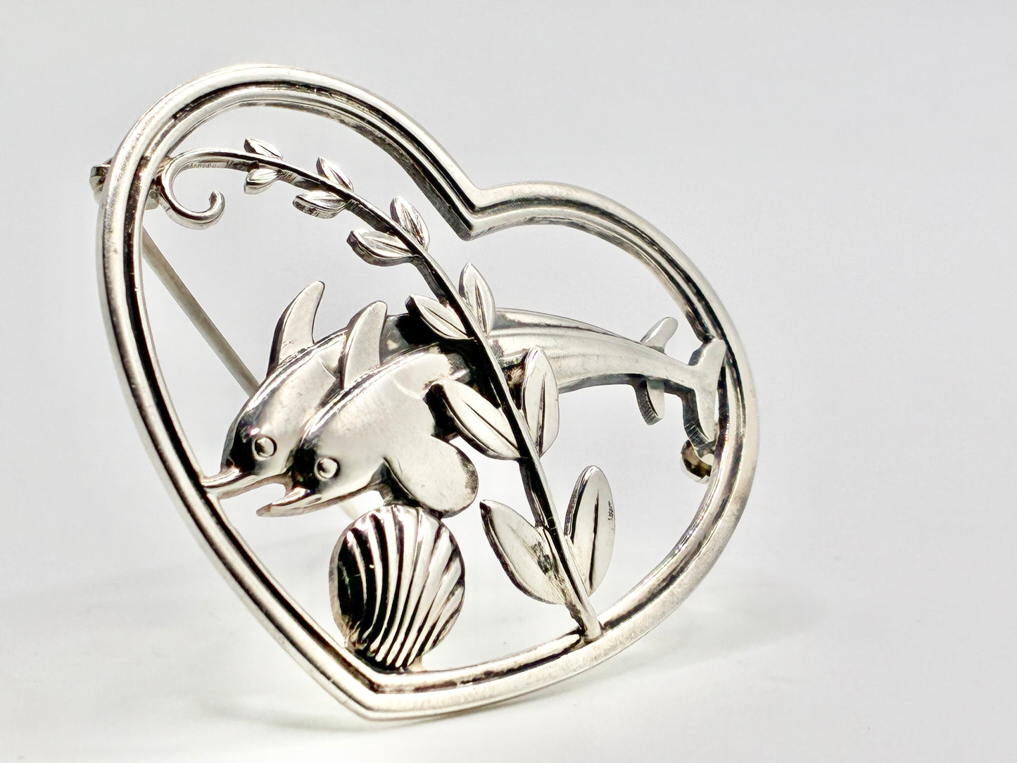 Georg Jensen Sterling Silver Brooch #312 “Dolphins in Heart” 925S Denmark