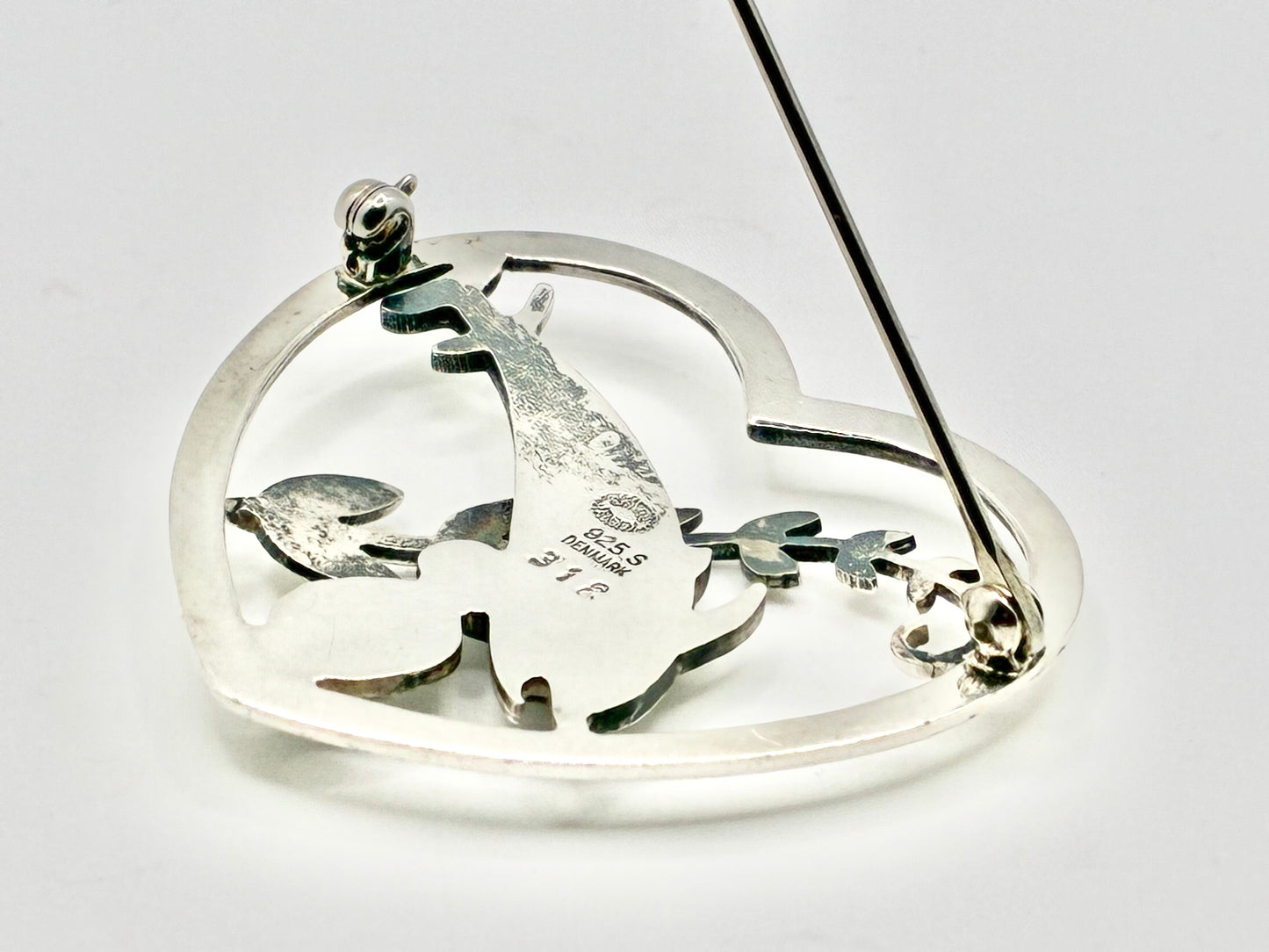 Georg Jensen Sterling Silver Brooch #312 “Dolphins in Heart” 925S Denmark