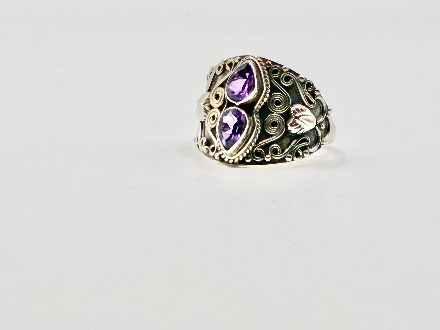 Sterling Silver Amethyst Statement Ring – Bold Ornate Filigree – Size 8.5