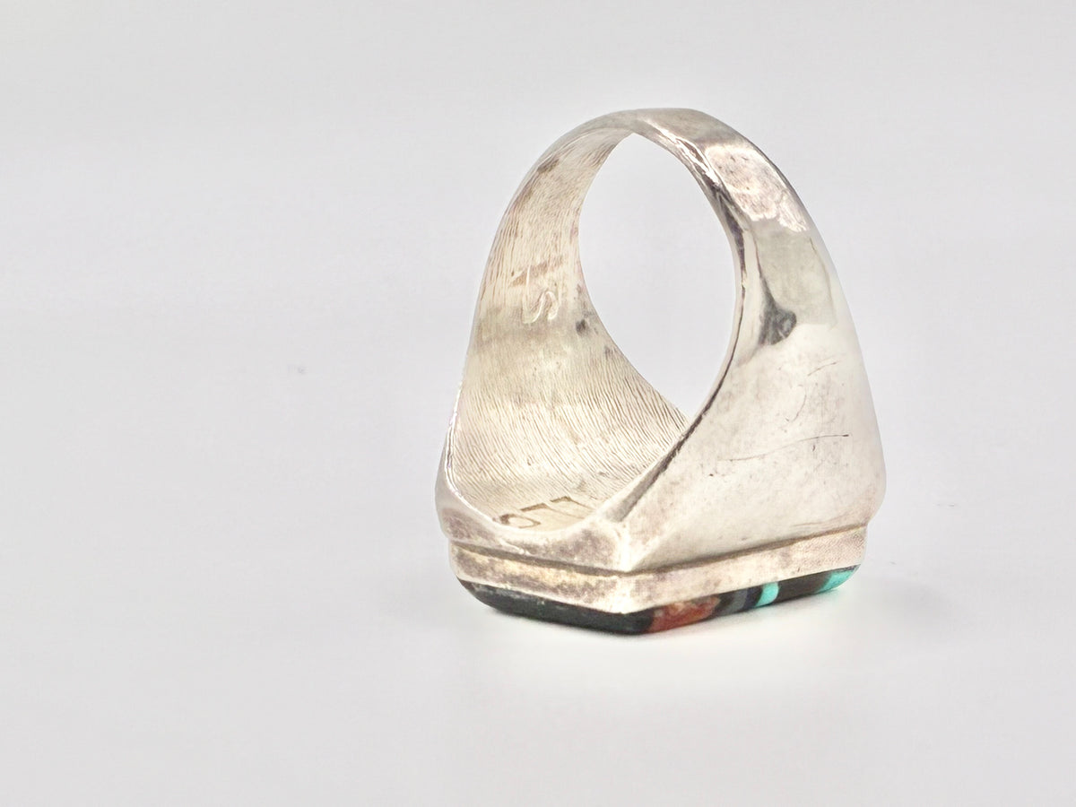Zuni Sterling Silver Turquoise Jet Spiny Oyster Channel Inlay Ring Size 12