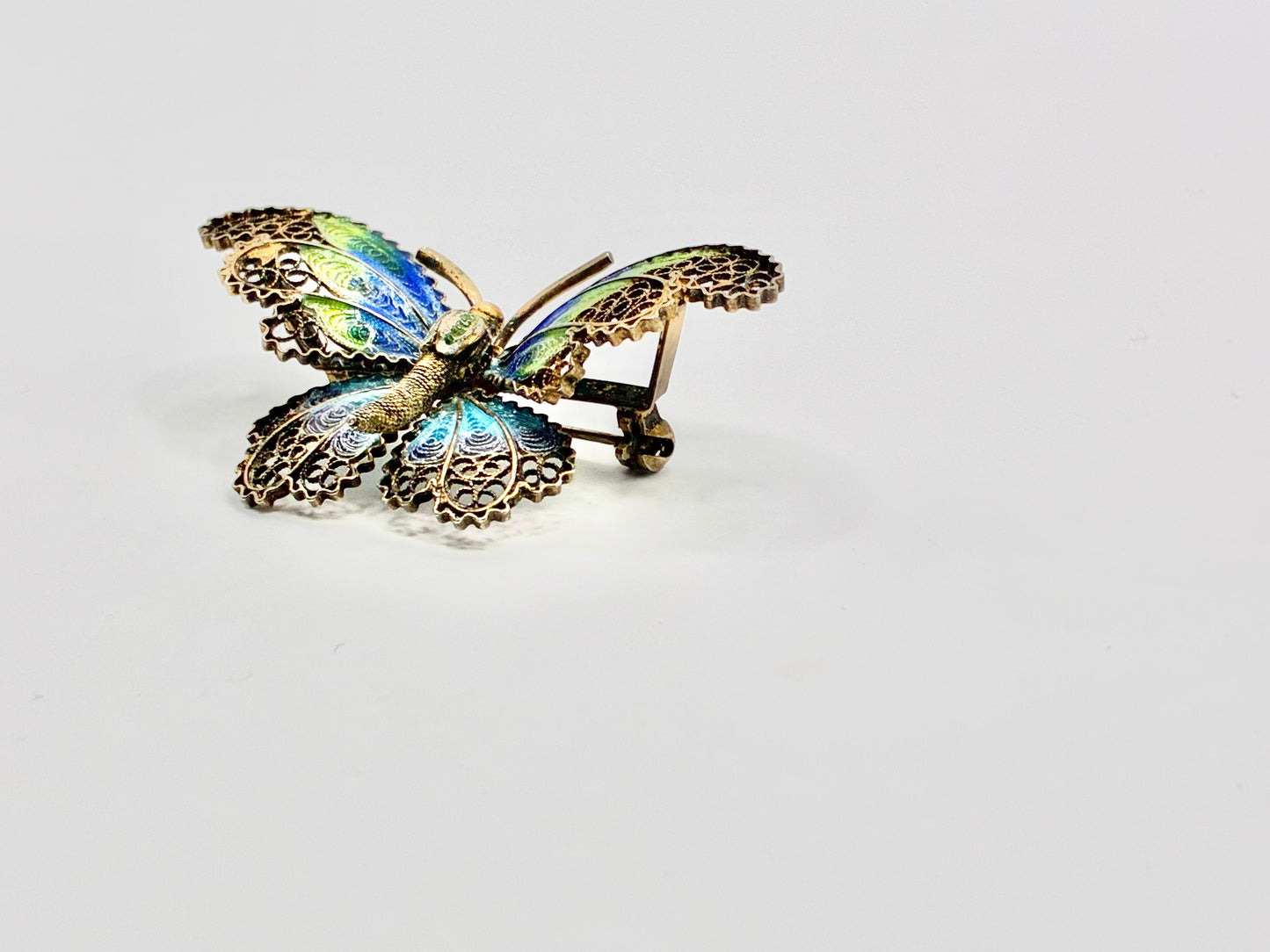 800 Silver Enamel Butterfly Brooch Filigree European Antique Style Blue Green