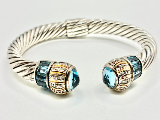 925 & 14K Two-Tone Cable Cuff Bracelet with Blue Gemstone Finials