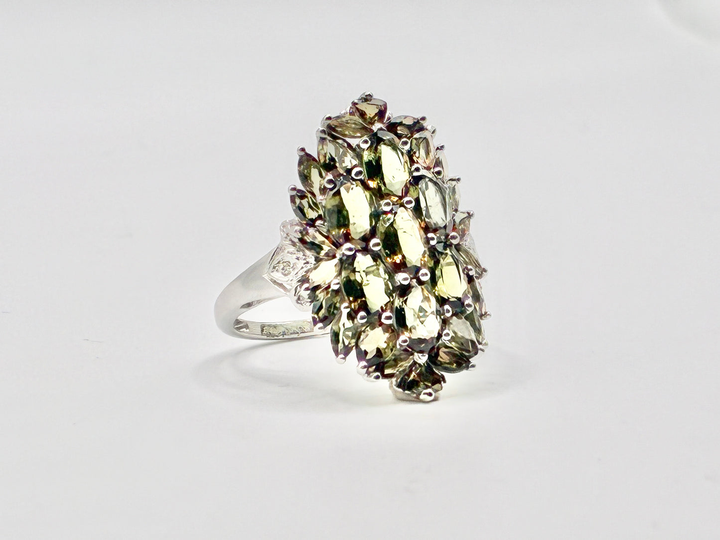 Sterling Silver Green Stone Cluster Ring – Statement Cocktail Ring – Size 7.5