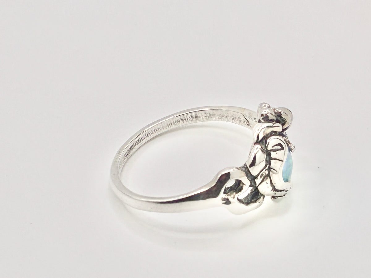 Sterling Silver Blue Cabochon Floral Scroll Ring – Size 12