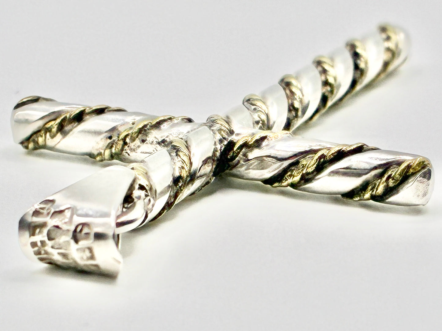 Mexico 925 Sterling Silver Cross Pendant – Twisted Rope Bars, Gold-Tone Accents