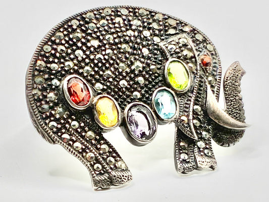 Sterling Silver Marcasite Elephant Brooch Pin – Multi Stone Statement – 925 Silver