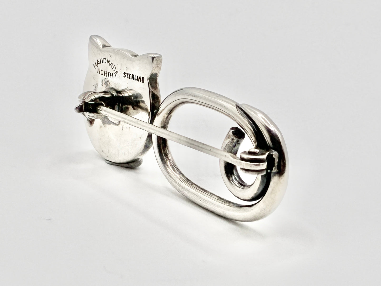 Handmade Taxco-Style Sterling Silver Cat Brooch Pin