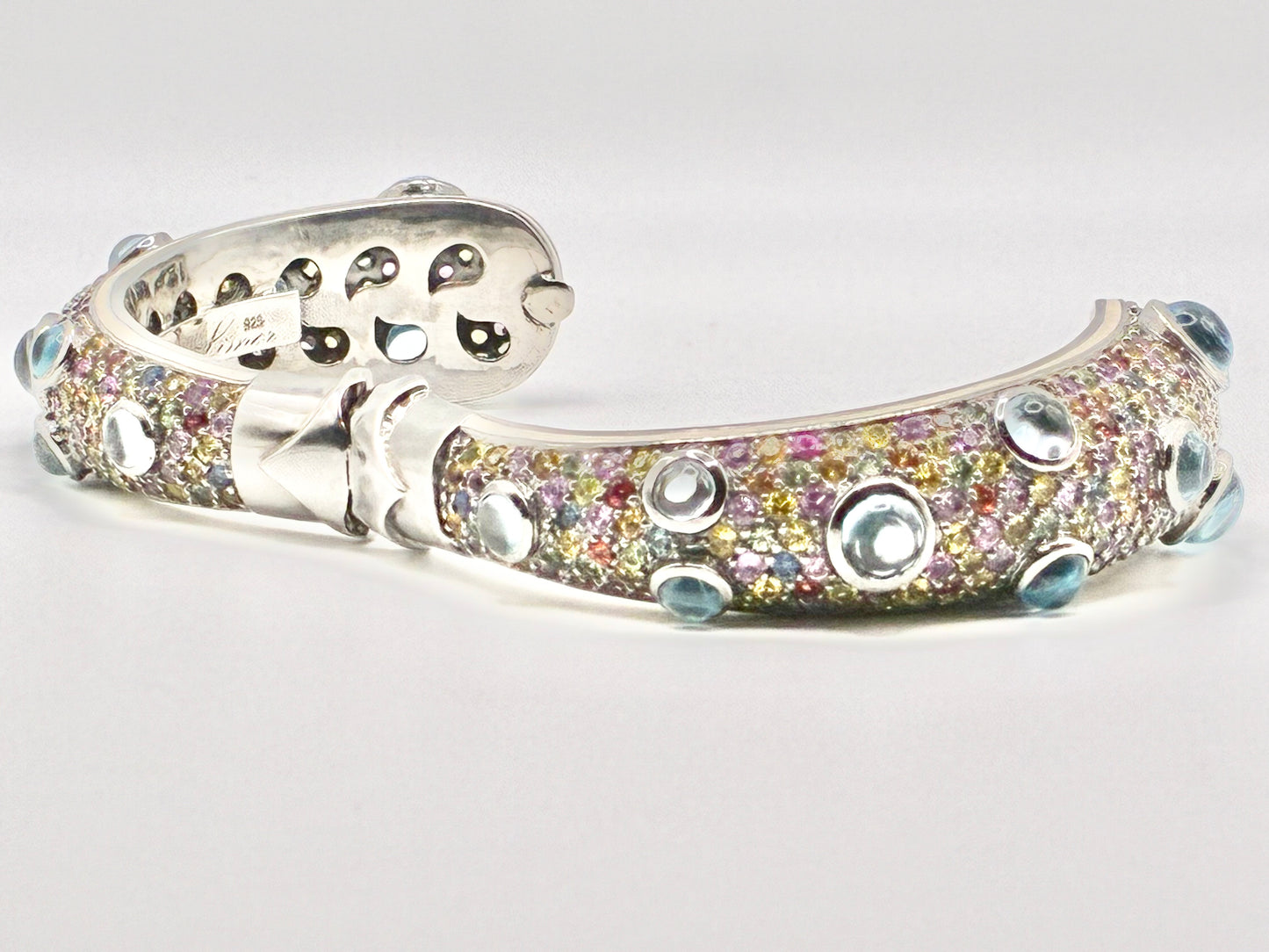 R. Linar Sterling Silver Multicolor Pavé & Blue Cabochon Hinged Bangle
