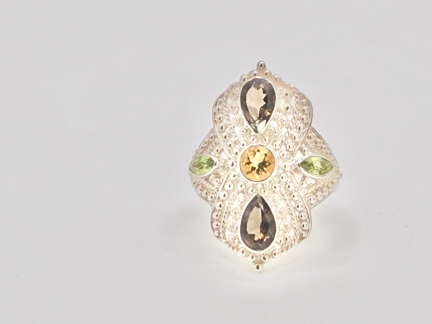 Sterling Silver Filigree Ring with Multicolor Gemstone Accents – Size 8
