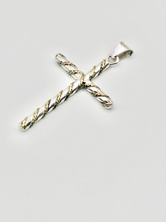 Mexico 925 Sterling Silver Cross Pendant – Twisted Rope Bars, Gold-Tone Accents