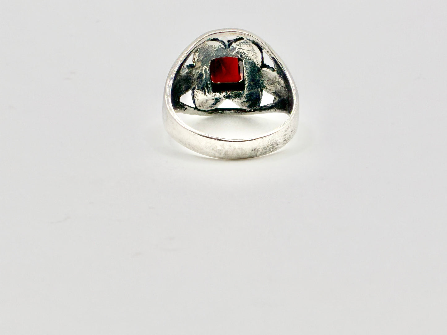 Sterling Silver 925 Marcasite & Red Stone Ring — Size 7.5