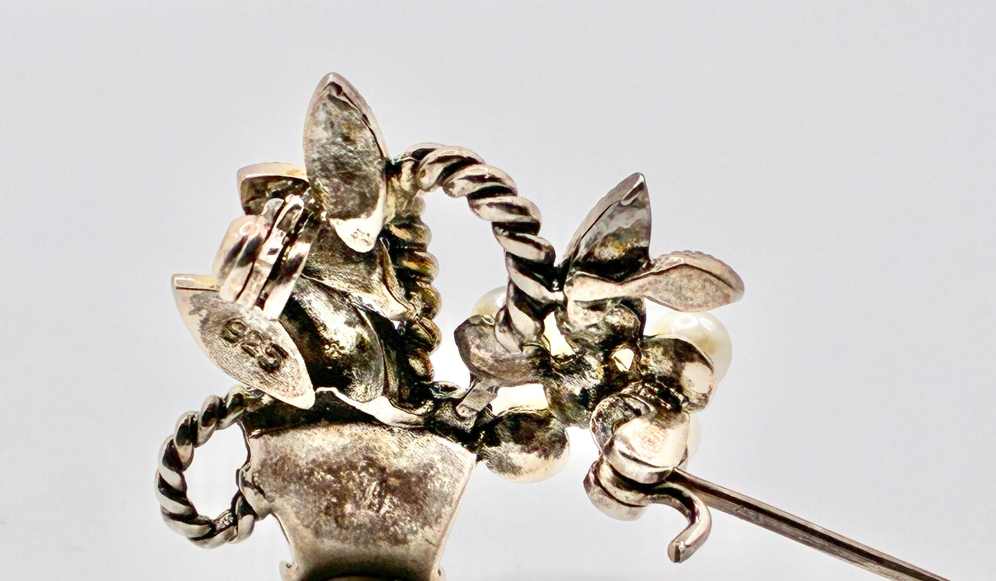 Marcasite & Pearl Flower Basket Brooch 925 Sterling Silver Pin