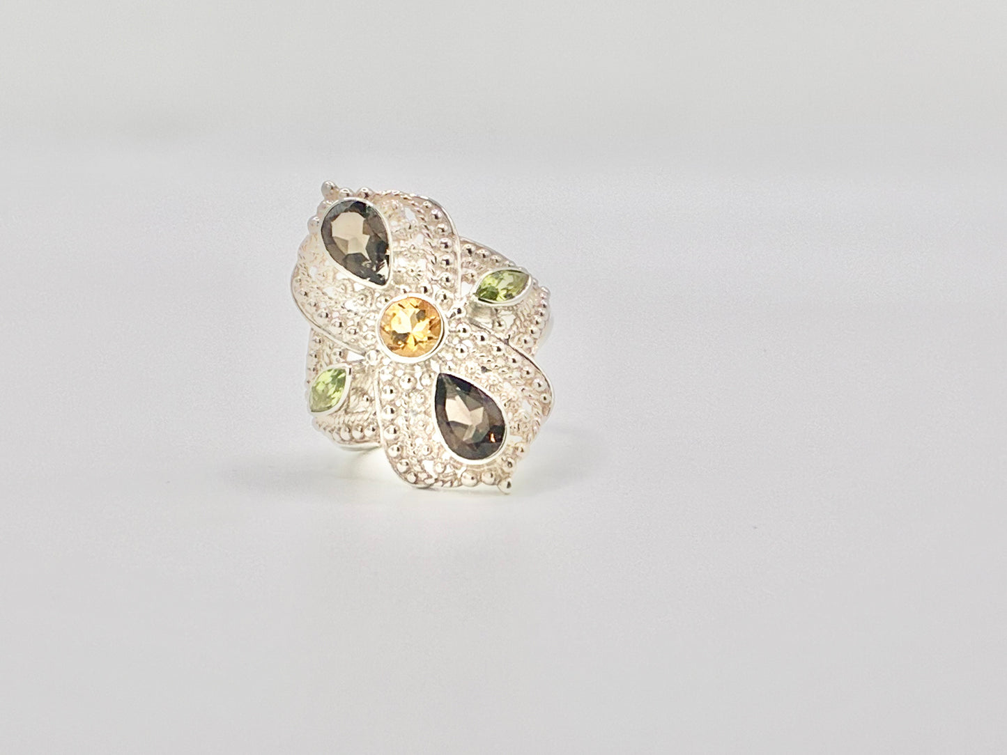 Sterling Silver Filigree Ring with Multicolor Gemstone Accents – Size 8
