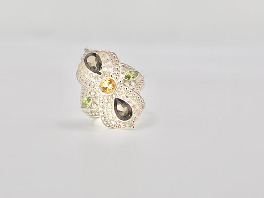 Sterling Silver Filigree Ring with Multicolor Gemstone Accents – Size 8