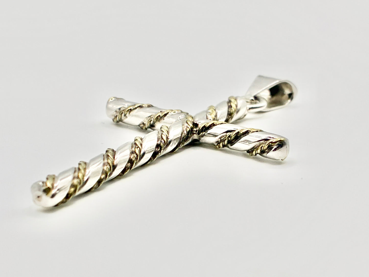 Mexico 925 Sterling Silver Cross Pendant – Twisted Rope Bars, Gold-Tone Accents