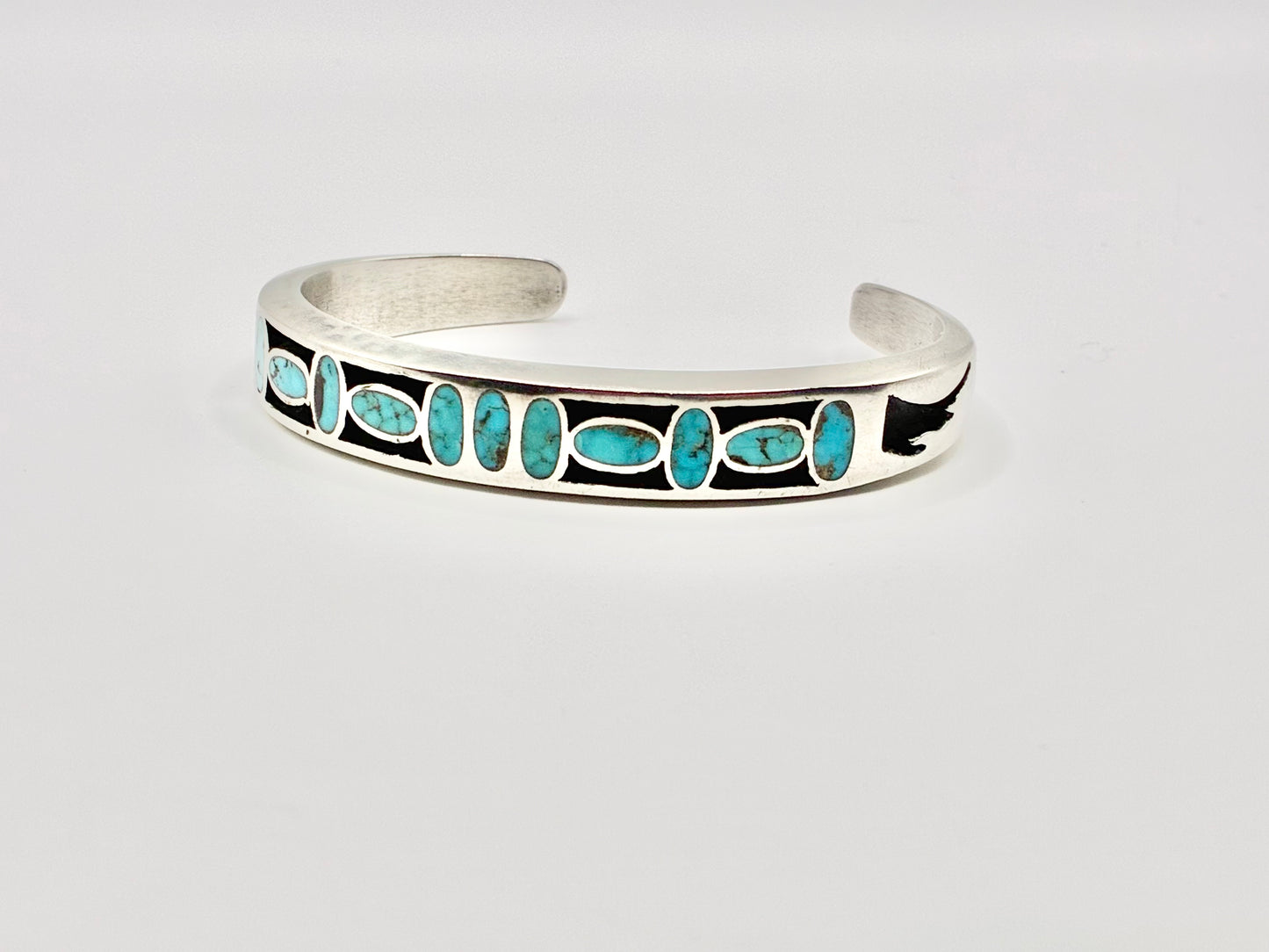 Sterling Silver Zuni Turquoise Inlay Cuff Bracelet – Solid, Heavy Gauge