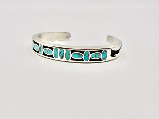 Sterling Silver Zuni Turquoise Inlay Cuff Bracelet – Solid, Heavy Gauge