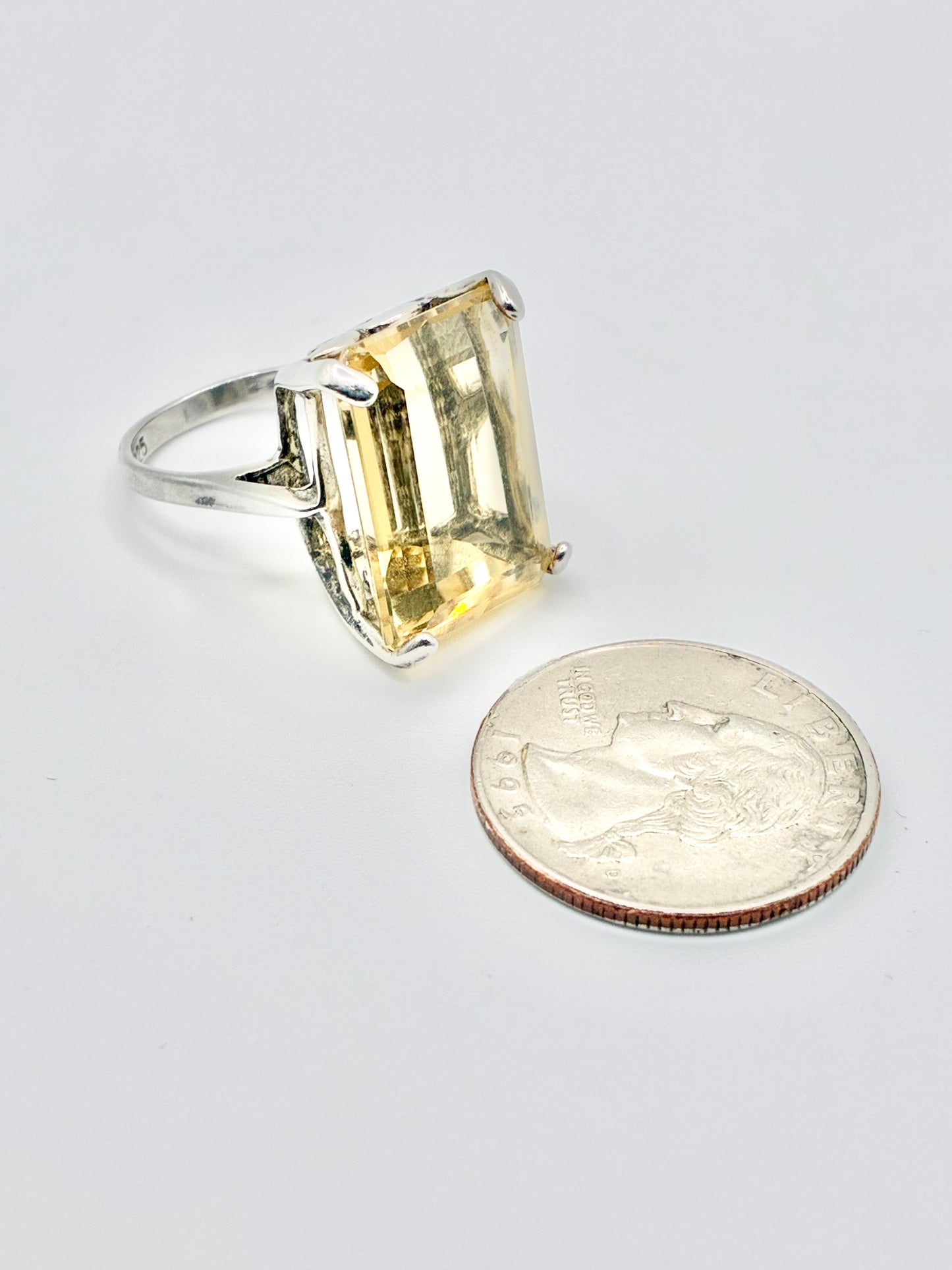 Large Emerald Cut Yellow Stone Sterling Silver Ring - Size 6
