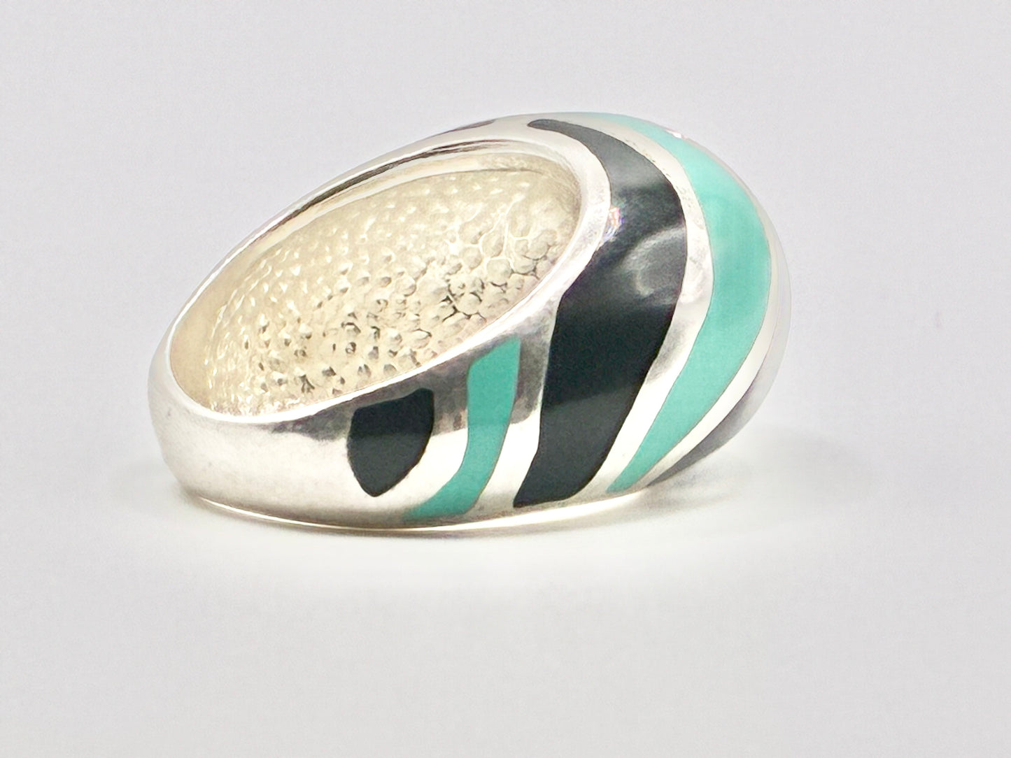 Flli Menegatti Italy Sterling Silver Enamel Ring – Black & Turquoise Modernist Band
