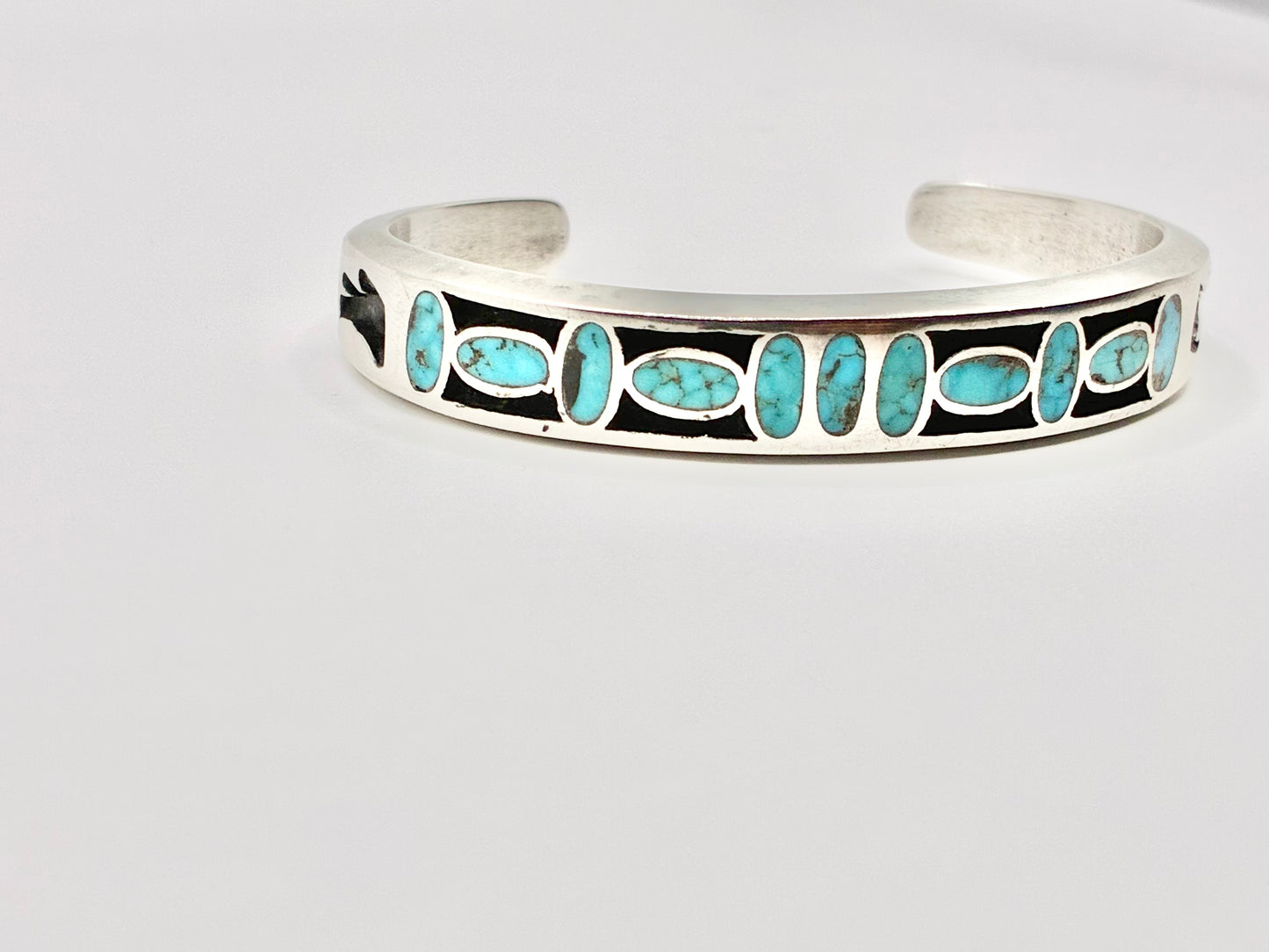Sterling Silver Zuni Turquoise Inlay Cuff Bracelet – Solid, Heavy Gauge