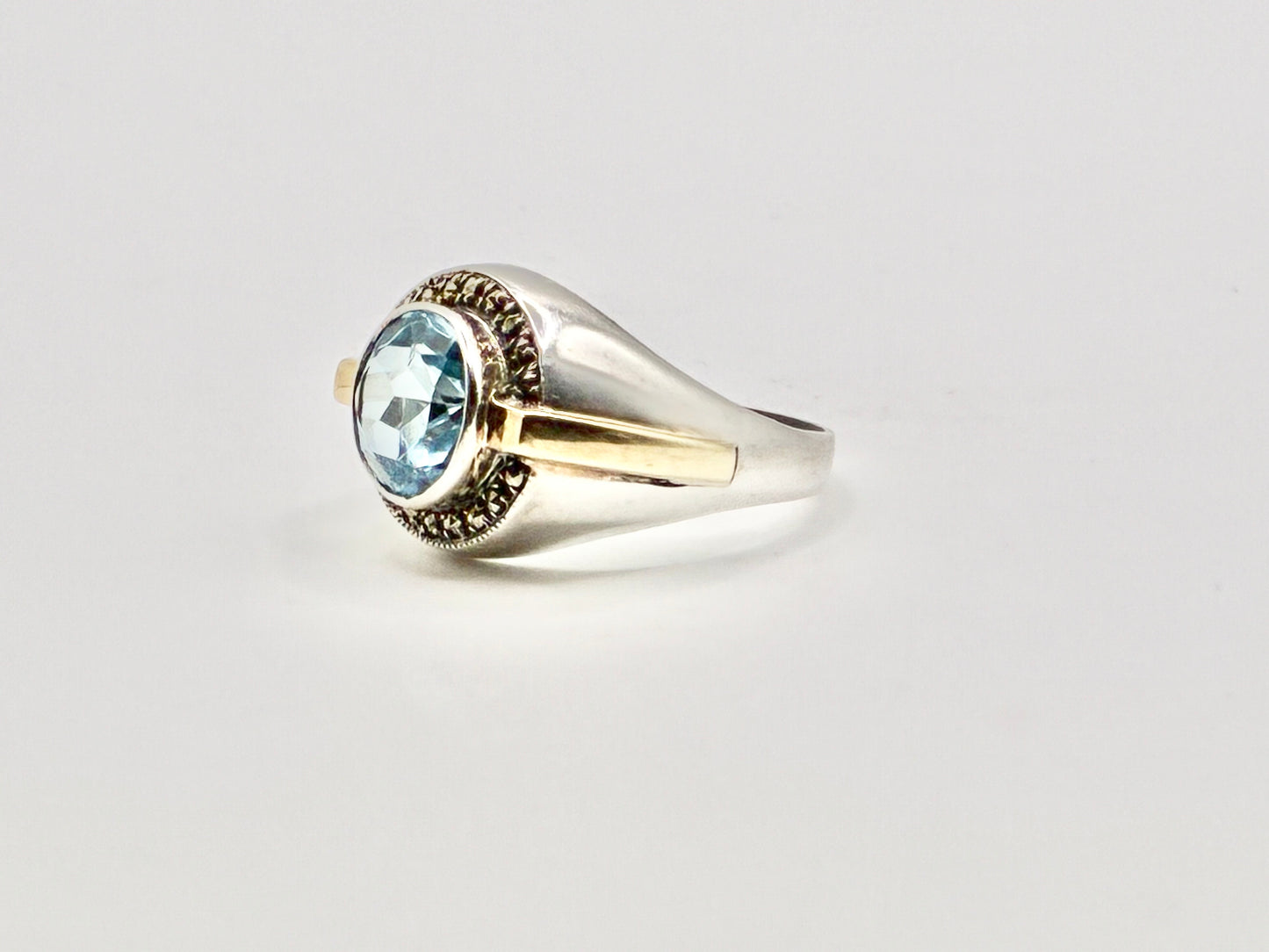 Sterling Silver & 14K Gold Blue Gem Ring – Size 9.5