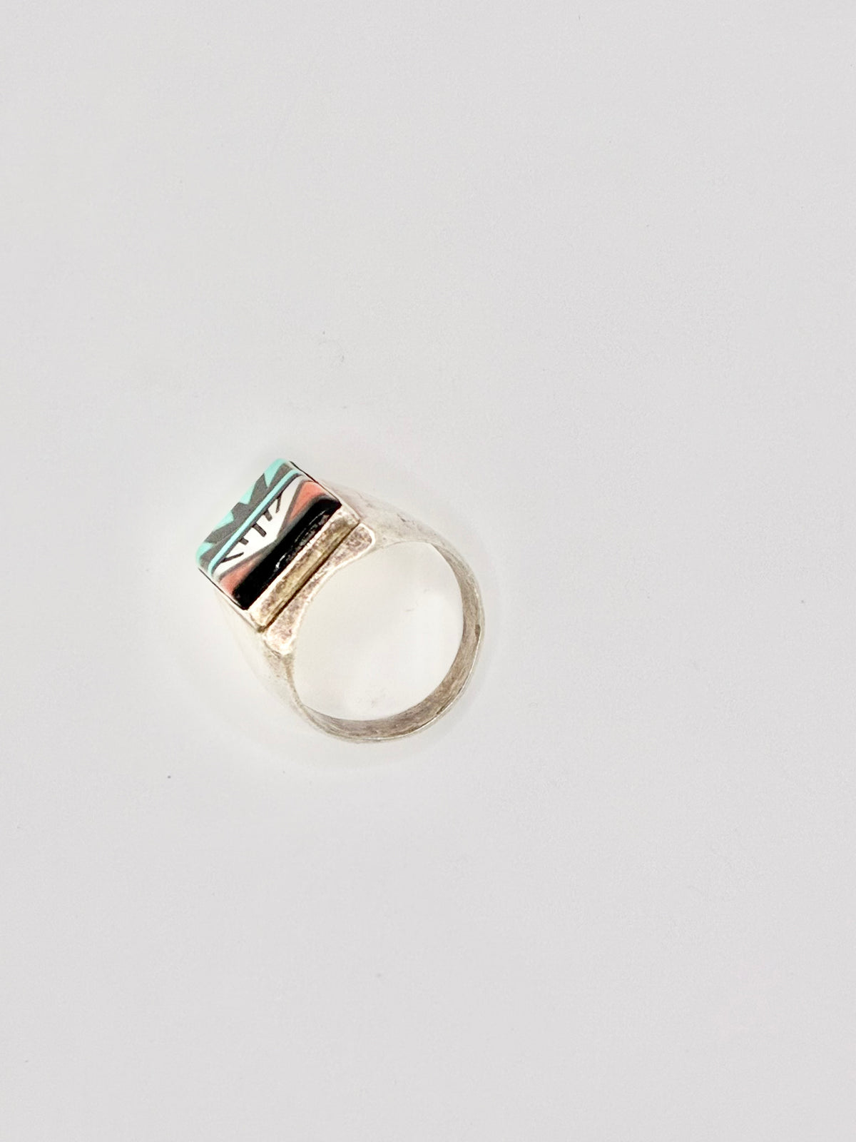 Zuni Sterling Silver Turquoise Jet Spiny Oyster Channel Inlay Ring Size 12