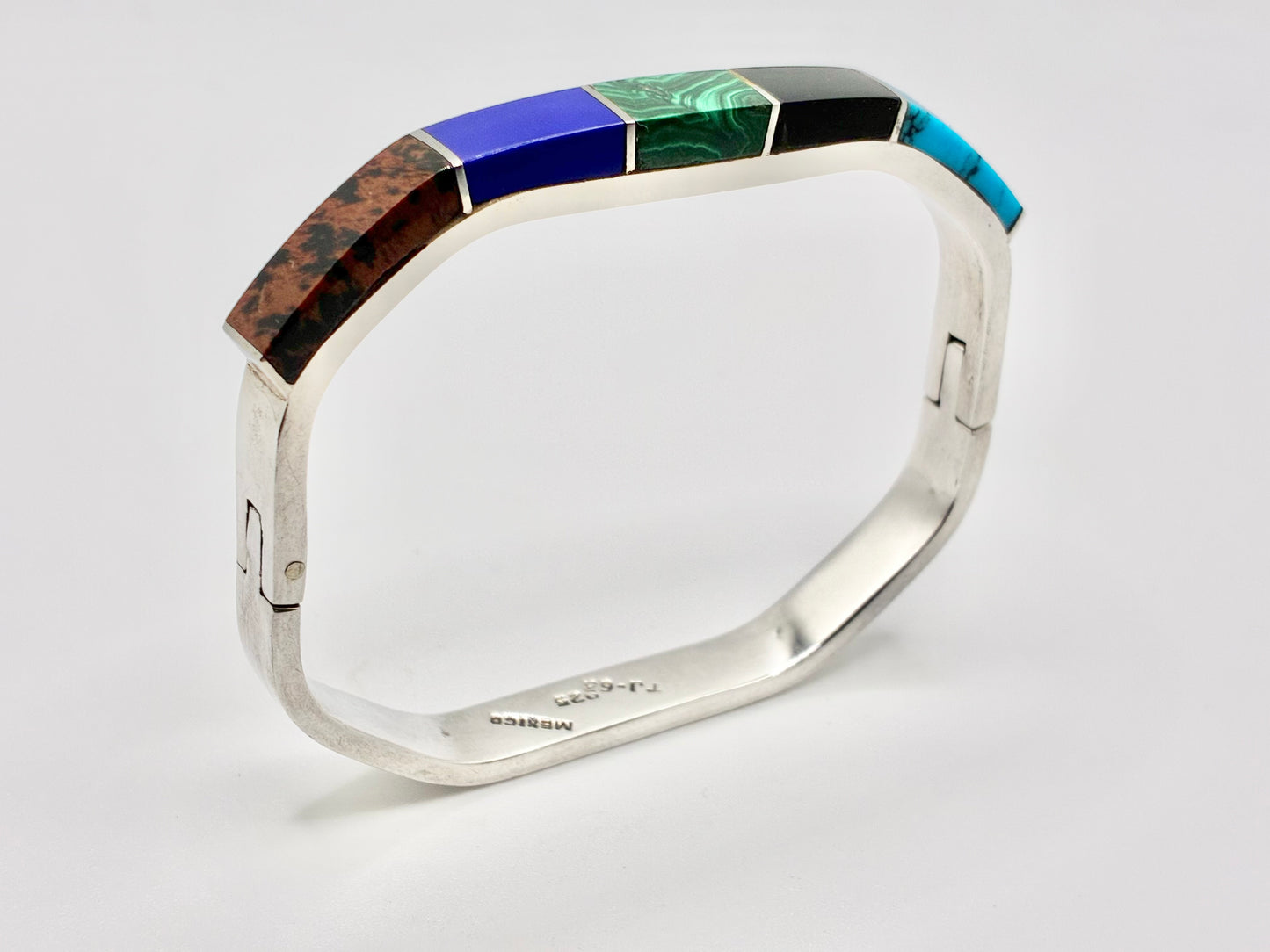 Mexico 925 Sterling Silver Multi-Stone Inlay Hinged Bangle — TJ-65