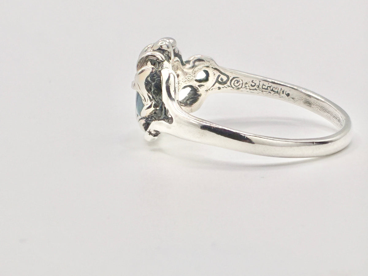 Sterling Silver Blue Cabochon Floral Scroll Ring – Size 12