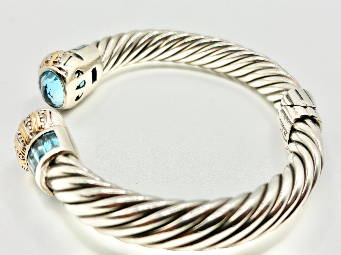 925 & 14K Two-Tone Cable Cuff Bracelet with Blue Gemstone Finials