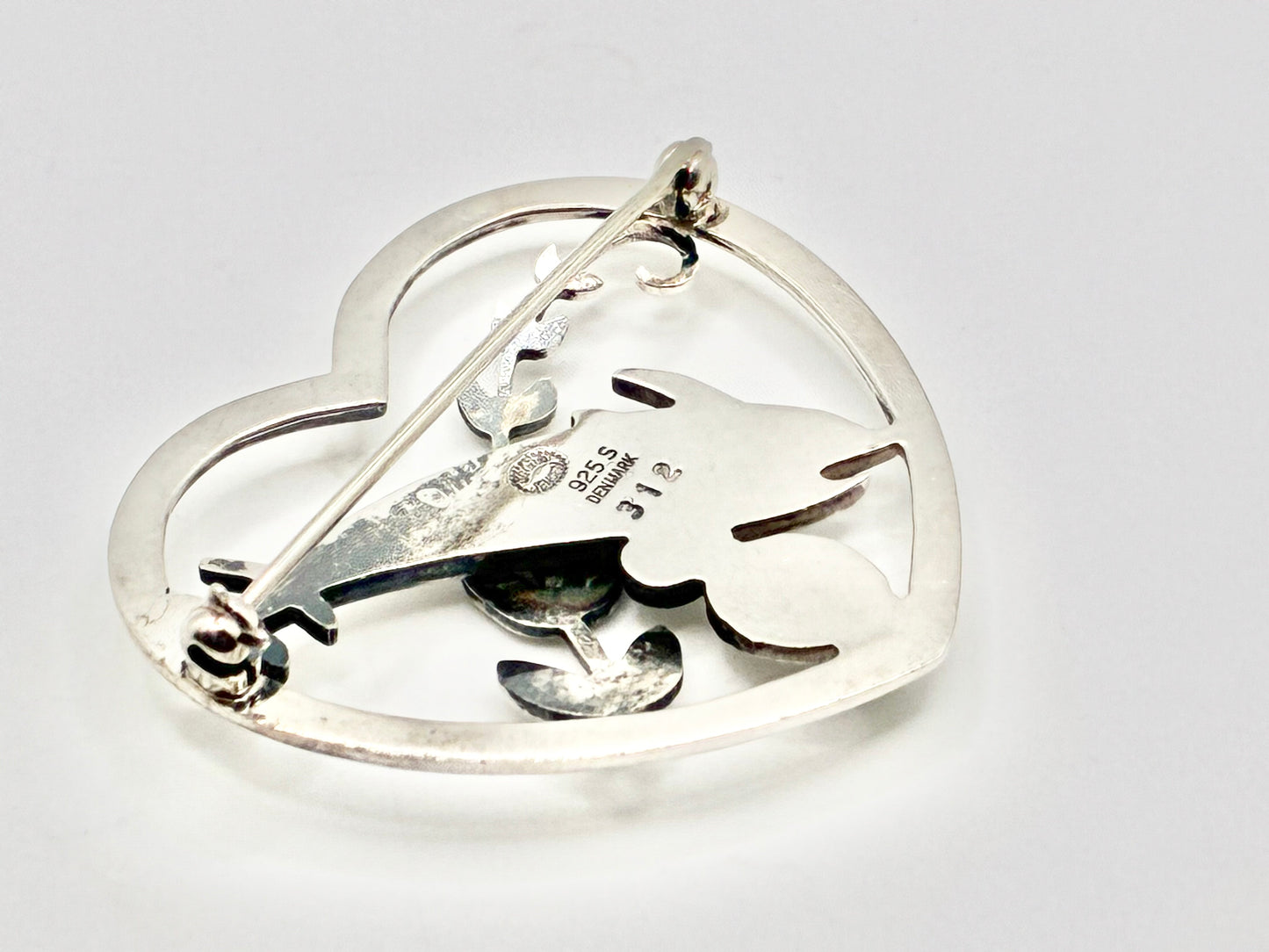 Georg Jensen Sterling Silver Brooch #312 “Dolphins in Heart” 925S Denmark