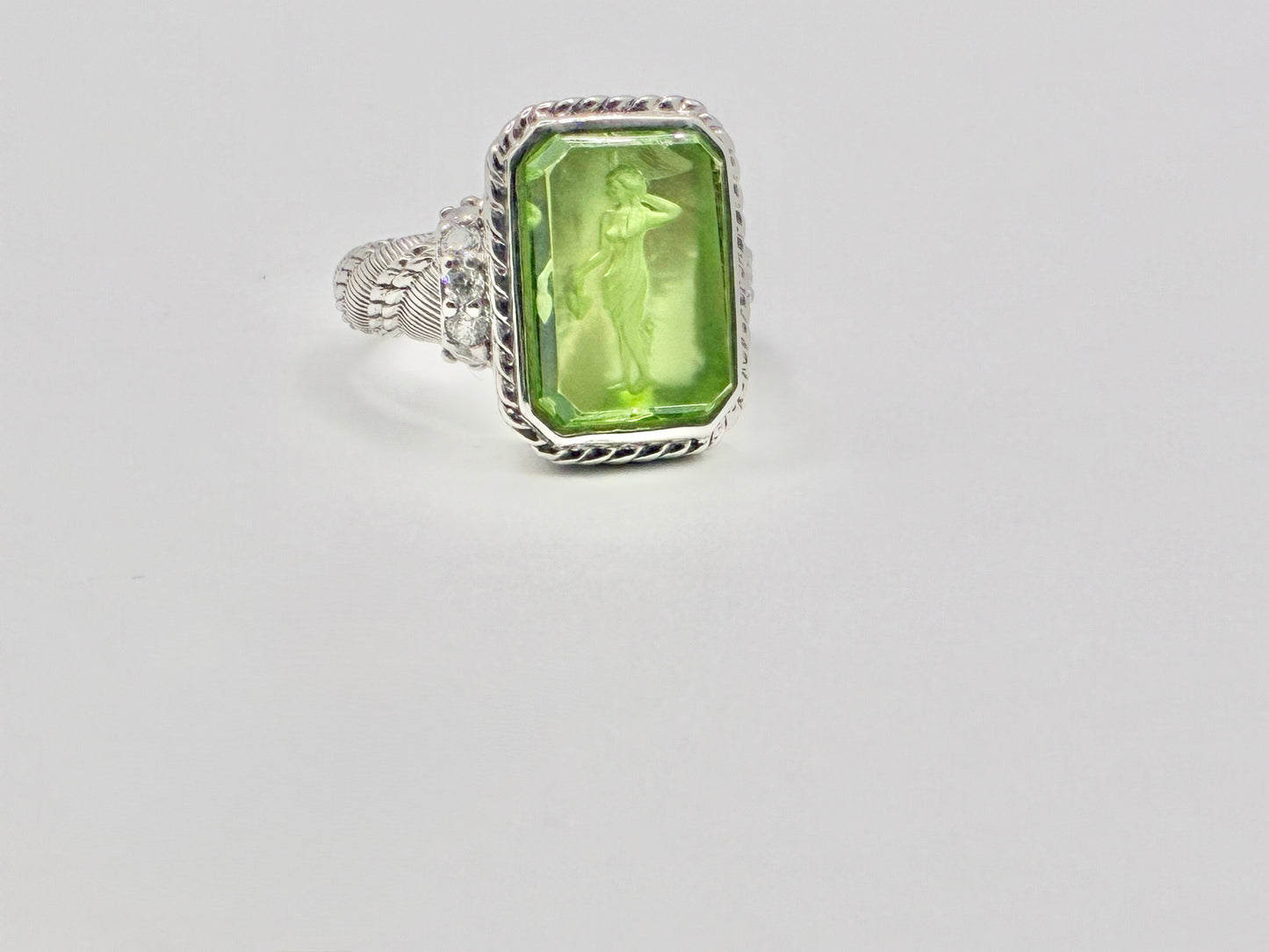 Judith Ripka 925 Greek Goddess Intaglio Ring — Peridot-Green Crystal — Size 7