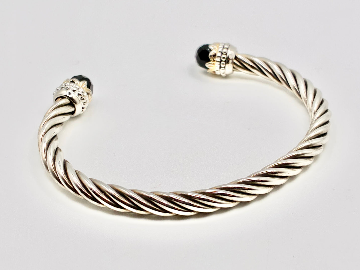 Sterling Silver & Gold-Tone Faceted Black Stone Cable Cuff Bracelet