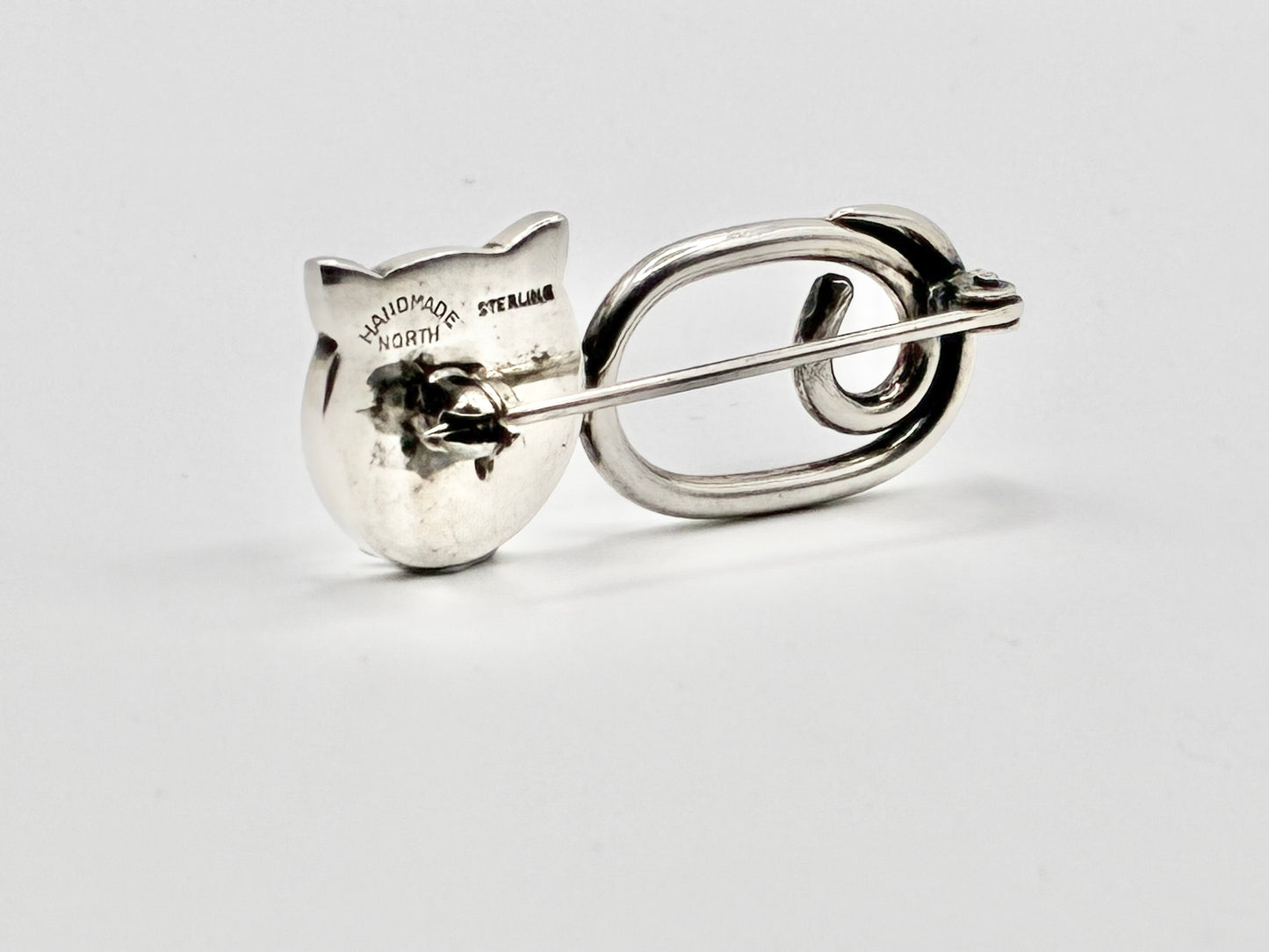 Handmade Taxco-Style Sterling Silver Cat Brooch Pin