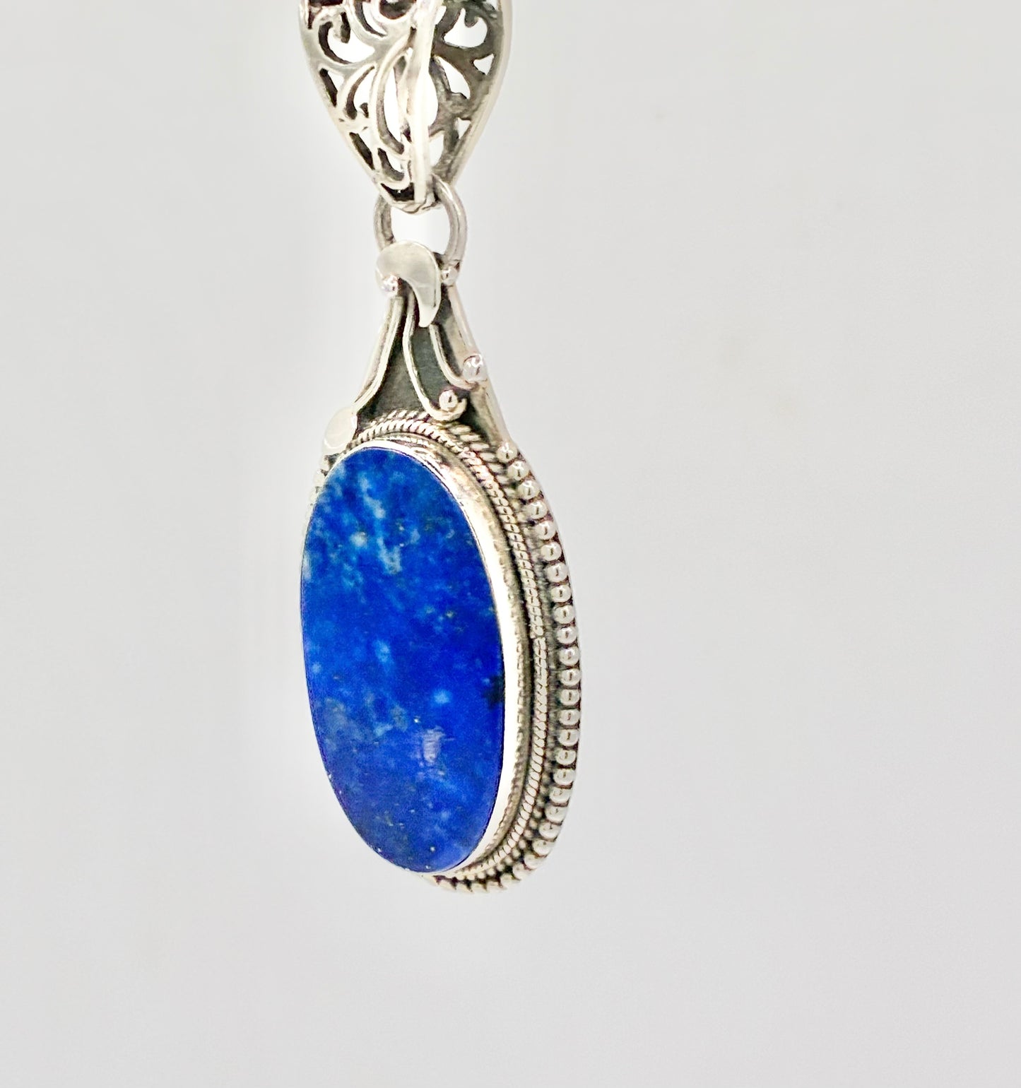 Large Sterling Silver Natural Blue Stone Pendant | Oval Cabochon | Ornate Filigree Bail | 925