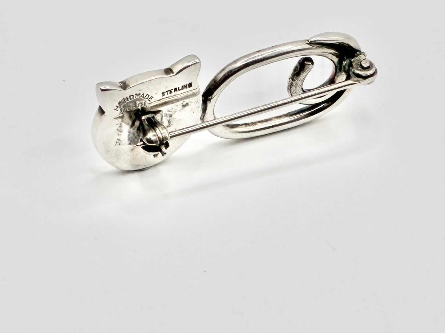 Handmade Taxco-Style Sterling Silver Cat Brooch Pin