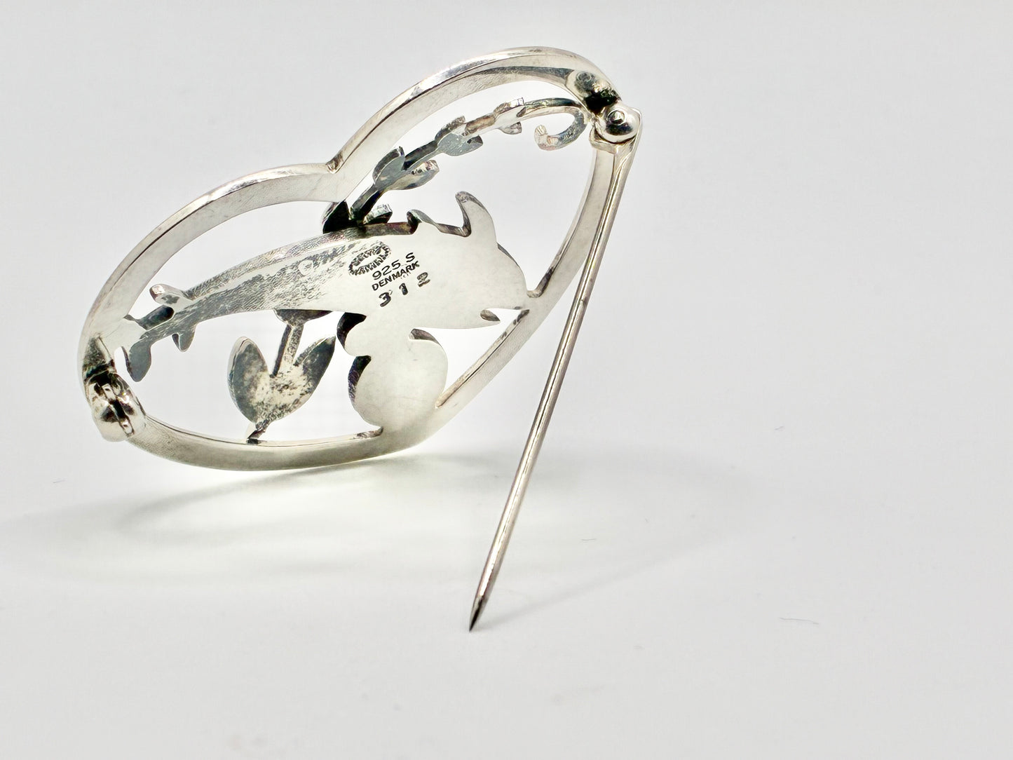 Georg Jensen Sterling Silver Brooch #312 “Dolphins in Heart” 925S Denmark