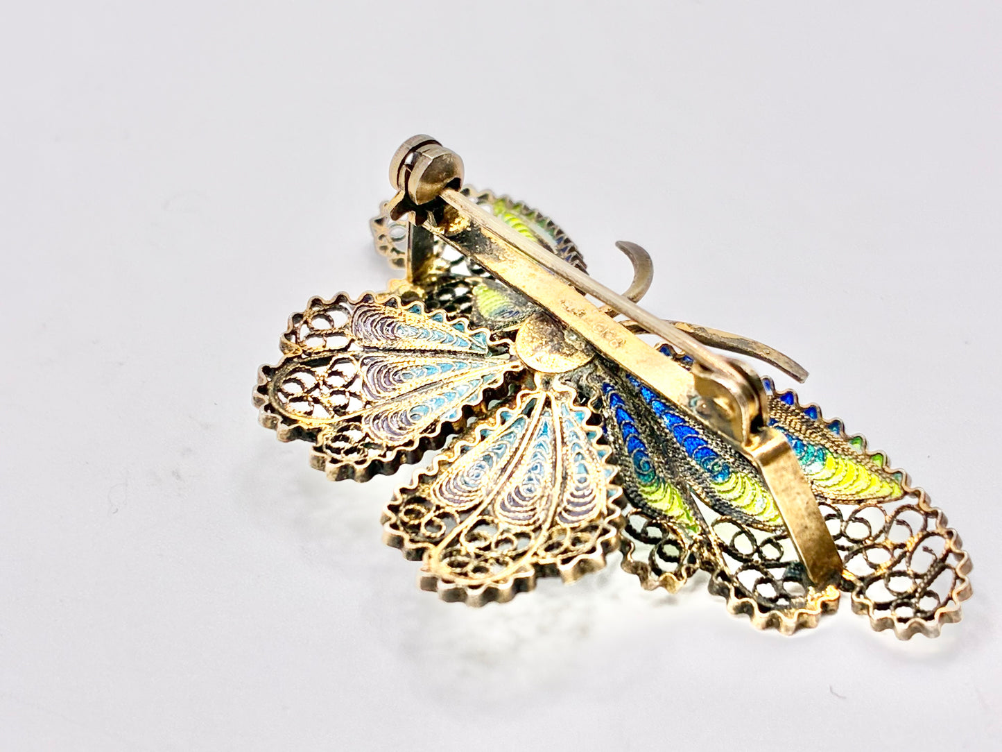 800 Silver Enamel Butterfly Brooch Filigree European Antique Style Blue Green