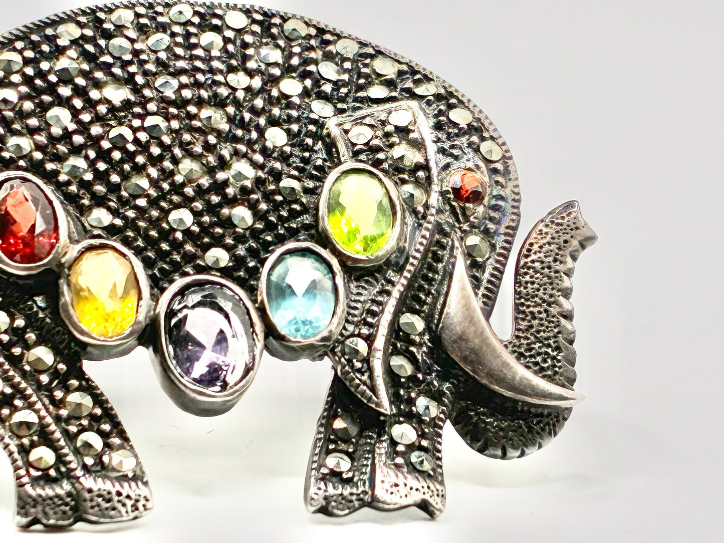 Sterling Silver Marcasite Elephant Brooch Pin – Multi Stone Statement – 925 Silver