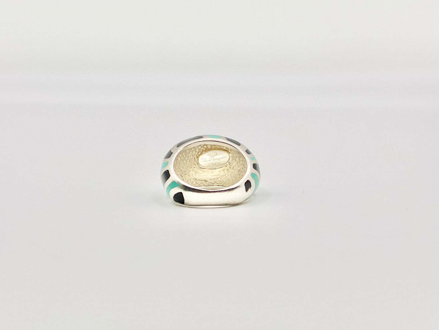 Flli Menegatti Italy Sterling Silver Enamel Ring – Black & Turquoise Modernist Band