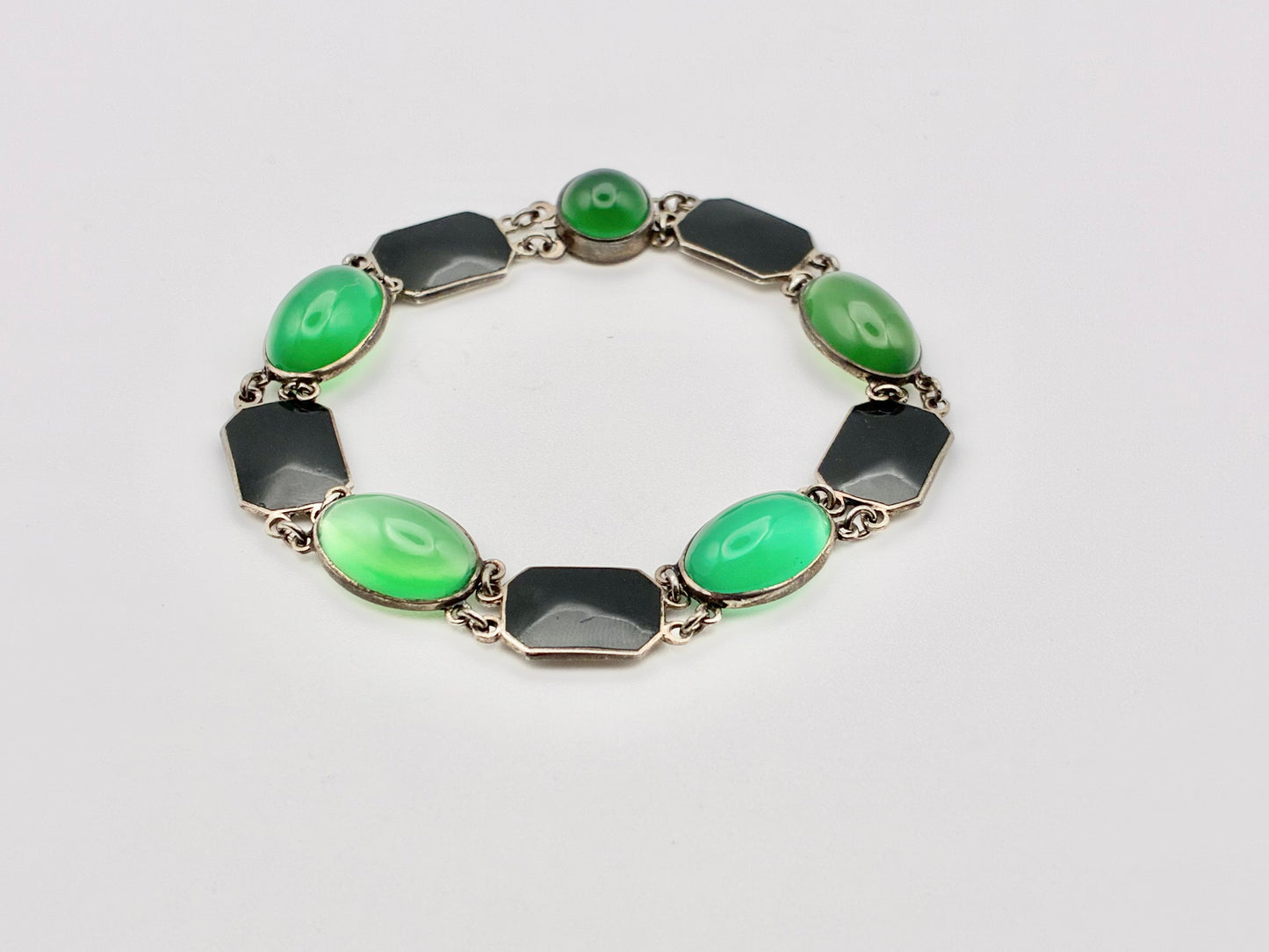 Sterling Silver Bracelet with Green & Black Cabochons – 7"