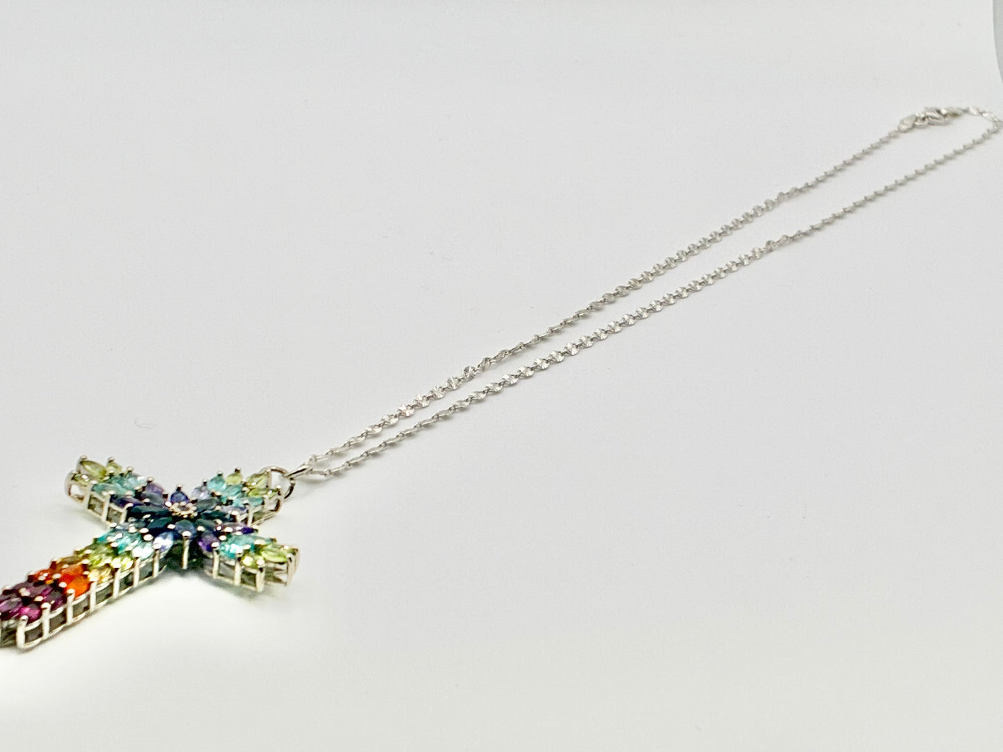 Italian Sterling Silver Multi-Stone Cross Pendant & Chain 20"