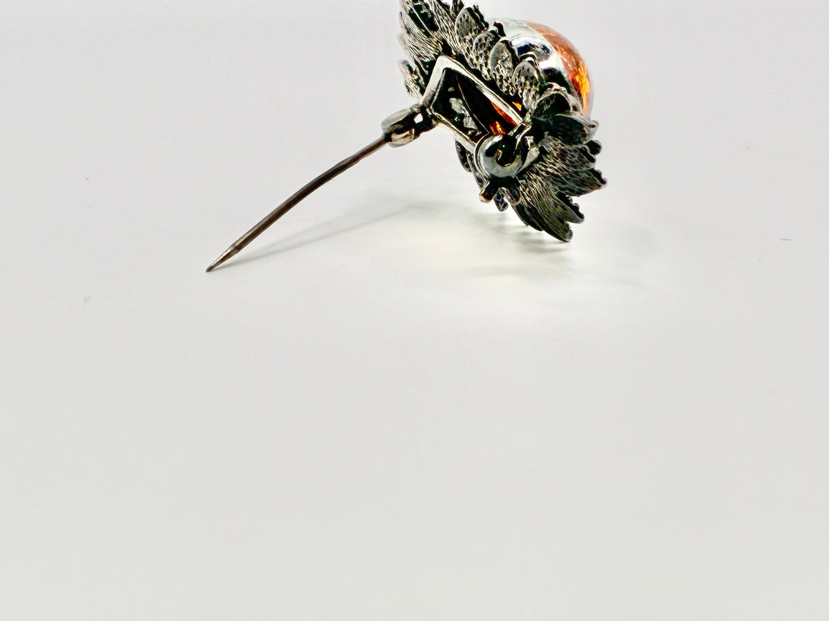 925 Sterling Silver Amber Floral Leaf Brooch Pin