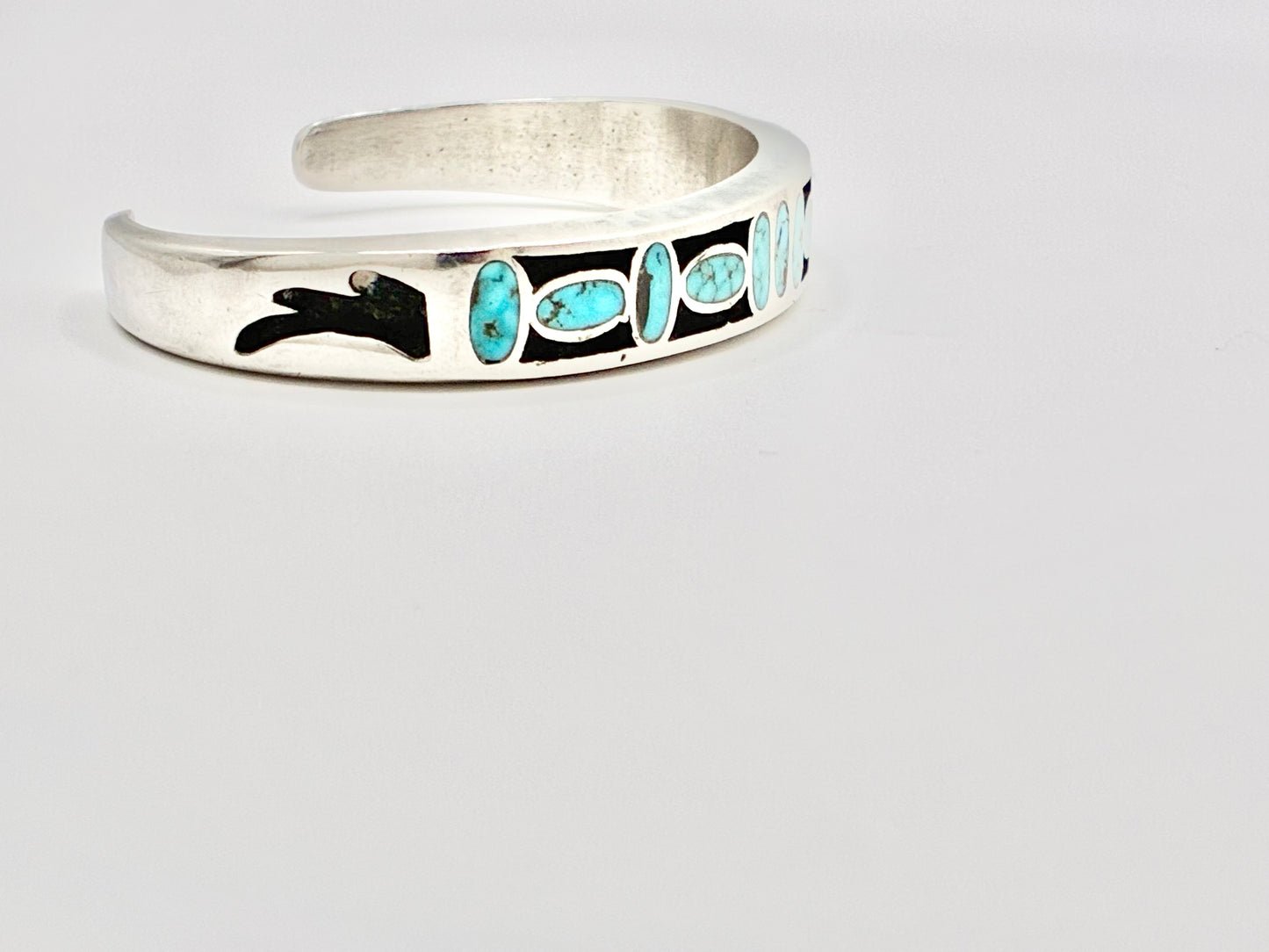 Sterling Silver Zuni Turquoise Inlay Cuff Bracelet – Solid, Heavy Gauge