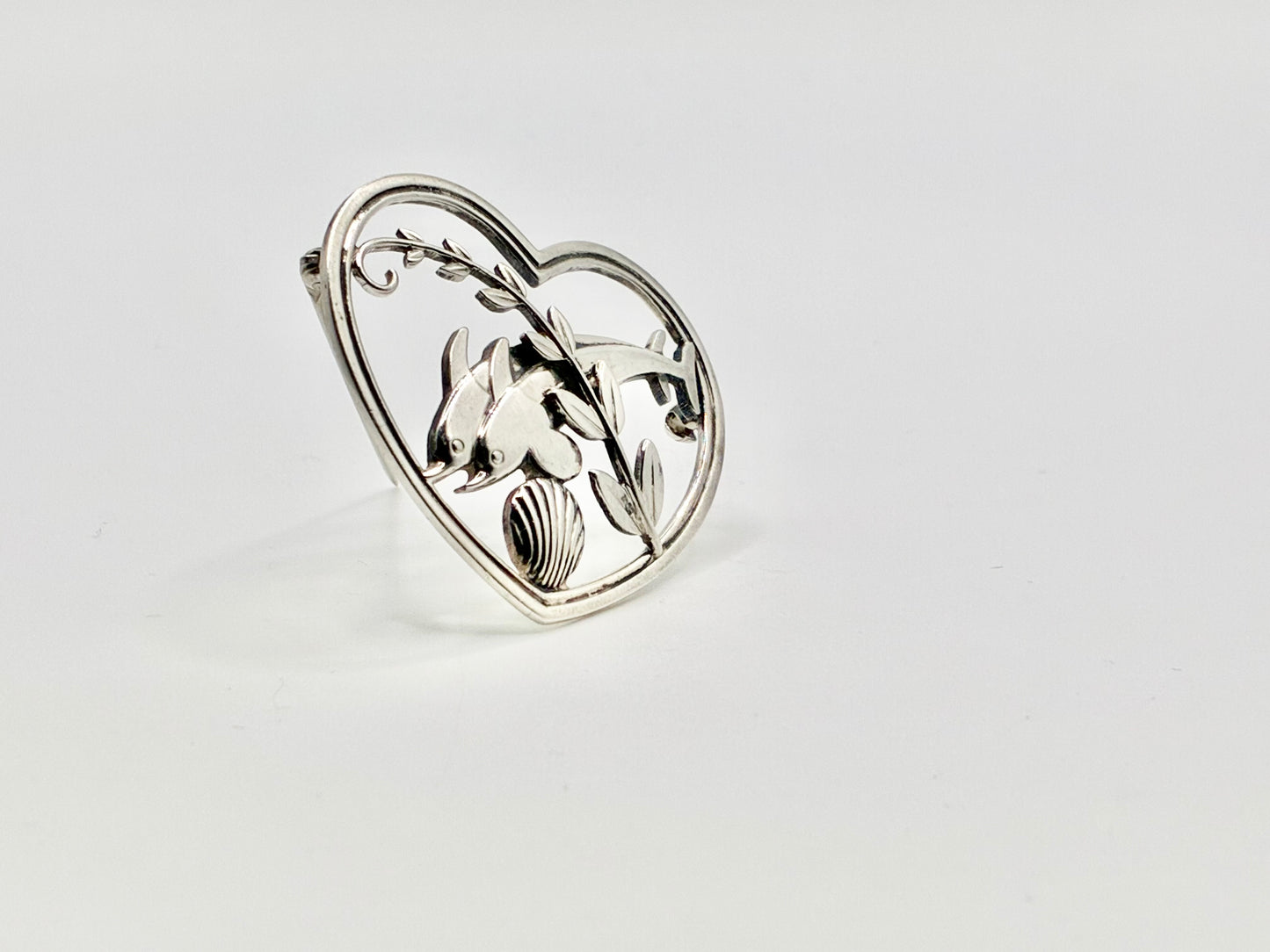 Georg Jensen Sterling Silver Brooch #312 “Dolphins in Heart” 925S Denmark