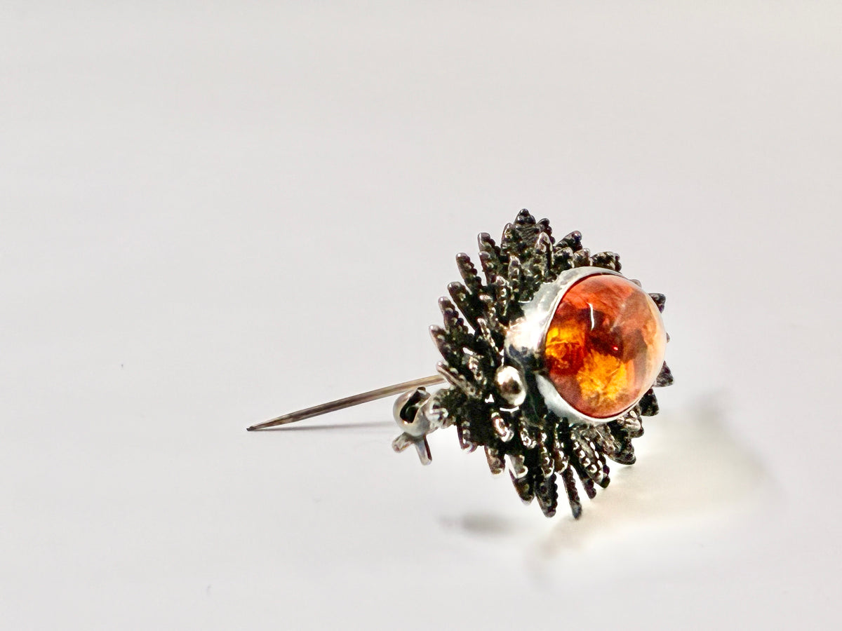 925 Sterling Silver Amber Floral Leaf Brooch Pin